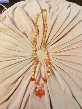 Handmade Orange Bead Necklace with Maple Leaf Pendant